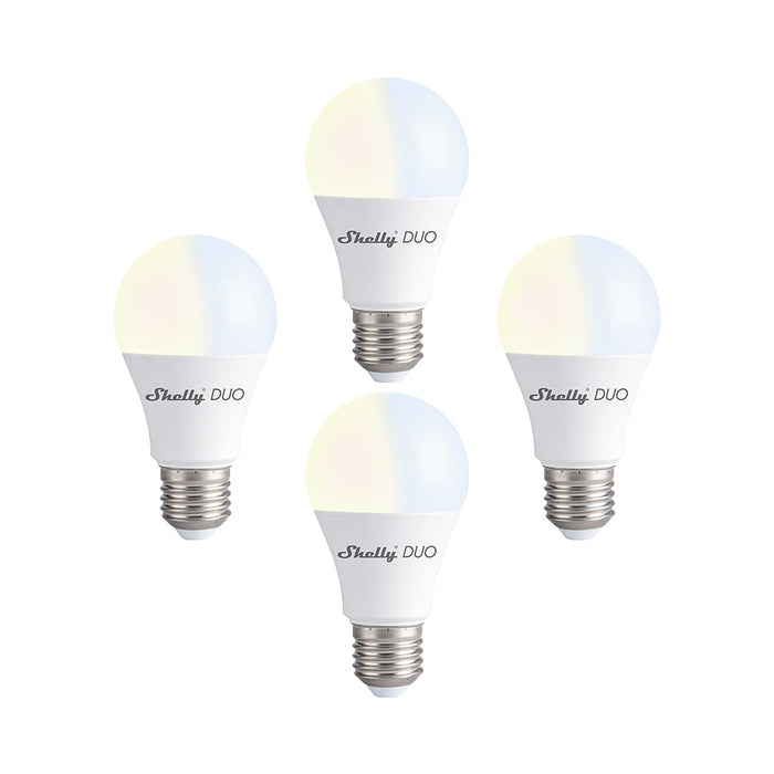 Shelly Duo, WiFi Smart Bulb, Warm Light, No Hub Required, iOS Android Enabled, Alex and Google Compatible, MQTT Enabled, 2500K to 6500K, 10W-800LM, E26 Bulb Base, 4 Pack