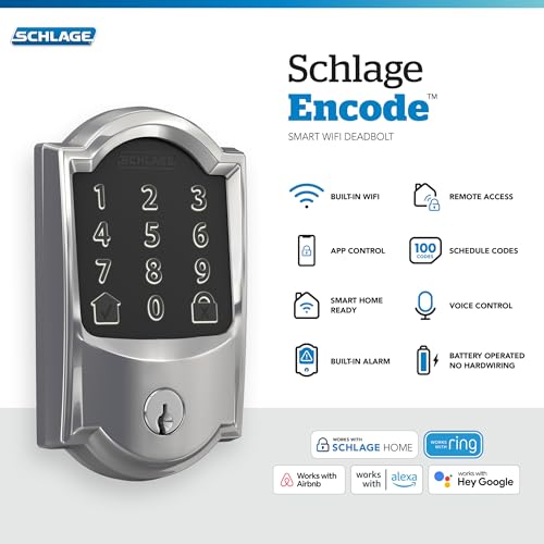 Schlage Encode WiFi Deadbolt Smart Lock, Keyless Entry Touchscreen Door Lock with Camelot Trim in Bright Chrome, BE489WB CAM 625