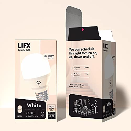 LIFX L3A19LW06E26CA White, A19 Wi-Fi Smart LED Light Bulb, Warm, Dimmable, No Bridge Required, Compatible with Alexa, Hey Google, Apple HomeKit (2 Pack)