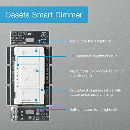 Lutron Caseta Smart Lighting Original Dimmer Switch, for Light Bulbs, Works w/ Alexa, Apple Homekit, Google Home (Hub Required), 150W Single-Pole/3-Way, No Neutral Required, PD-6WCL-WH, White