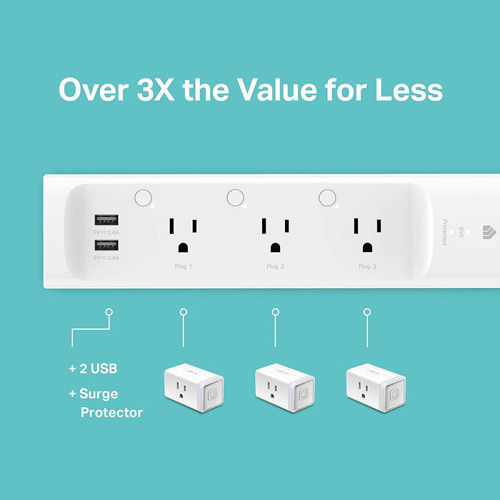 Kasa Smart Plug Power Strip by TP-Link (KP303) - Surge Protector with 3 Smart Outlets and 2 USB Ports, Works with Alexa Echo and Google Home, 2.4 Ghz Wifi Required, No Hub Required