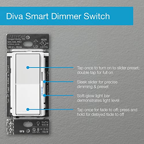 Lutron Caseta Smart Lighting Diva Smart Dimmer Switch w/Wall Plate for LED Bulbs, Works w/Alexa, Apple Homekit, Google Home (Hub Required), 150W, No Neutral Required, DVRFW-6L-WH-A, White