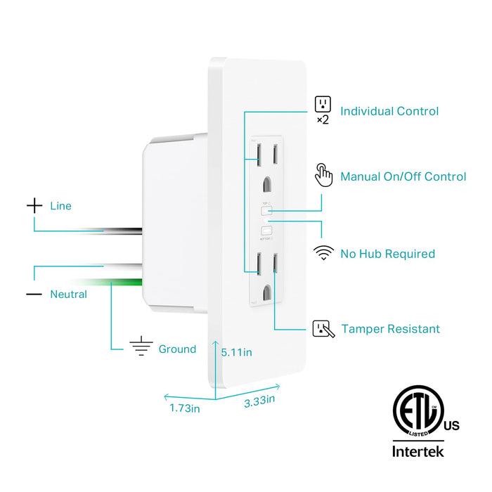 Kasa Smart In-Wall WiFi Outlet by TP-Link (KP200) - Neutral Wire and 2.4GHz Wi-Fi Connection Required, Works with Alexa, Echo and Google Home, No Hub Required, Remote Control, UL Certified White