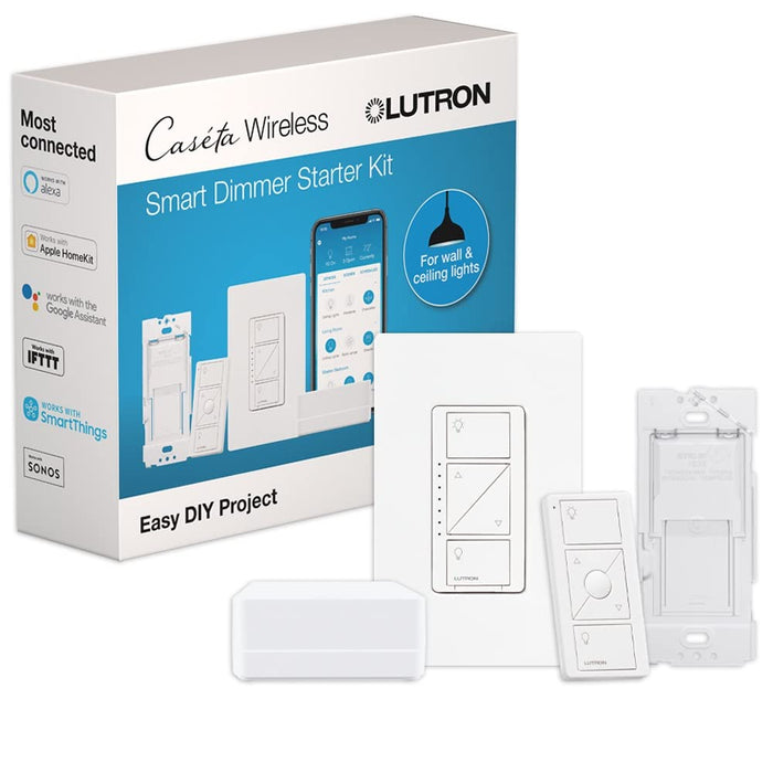 Lutron Caseta Wireless Smart Lighting Single Pole/3-Way Dimmer Switch Starter Kit, P-BDG-PKG1W-A-C, Compatible with Alexa, Apple HomeKit, and The Google Assistant, White