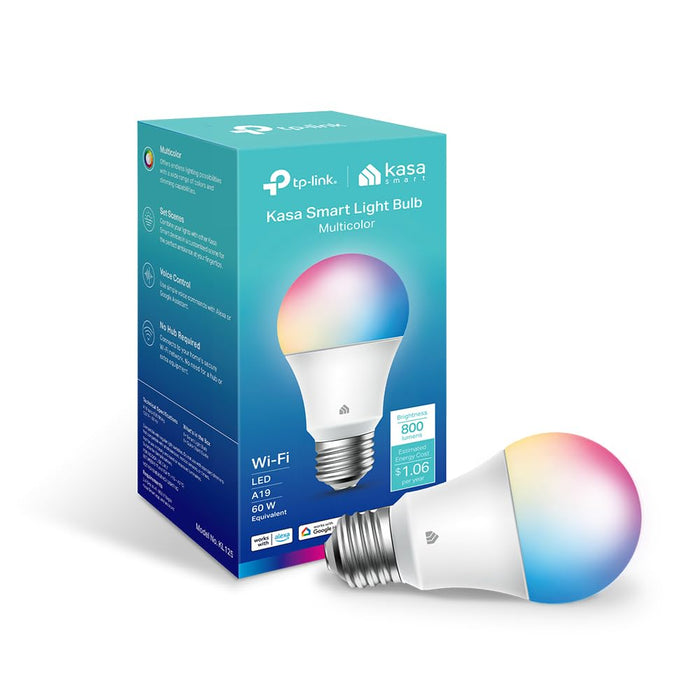 Kasa New Smart Bulb, Full Colour Changing Dimmable Smart WiFi Light Bulb Compatible with Alexa and Google Home, A19, 9W 800 Lumens,2.4Ghz only, No Hub Required, 1-Pack (KL125), Multicolour