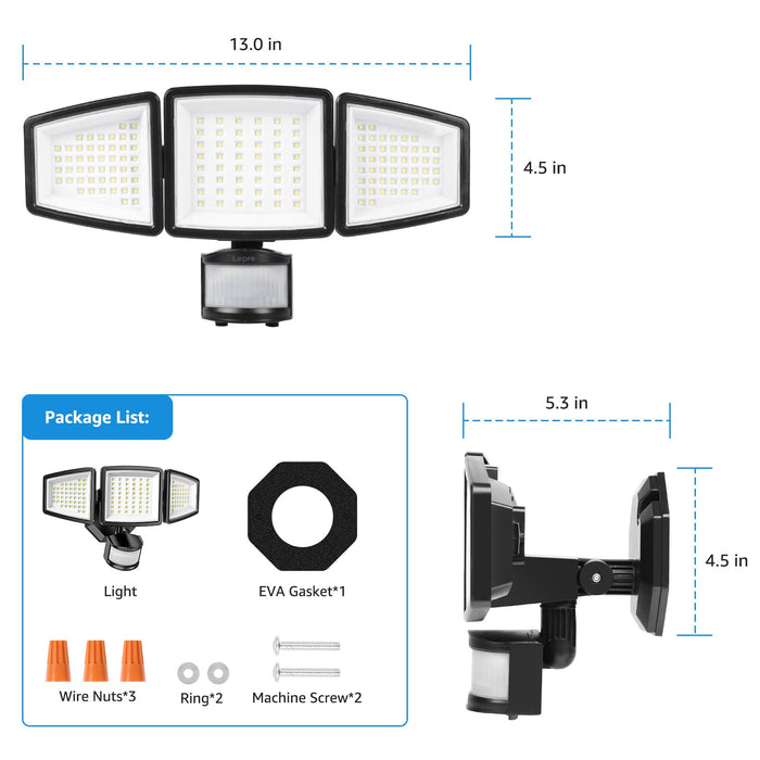 Lepro Motion Sensor Light Outdoor, 27W 3200LM LED Flood Light, 3 Heads Hard Wired IP65 Waterproof Security Light for Garage, Yard, Garden, Black