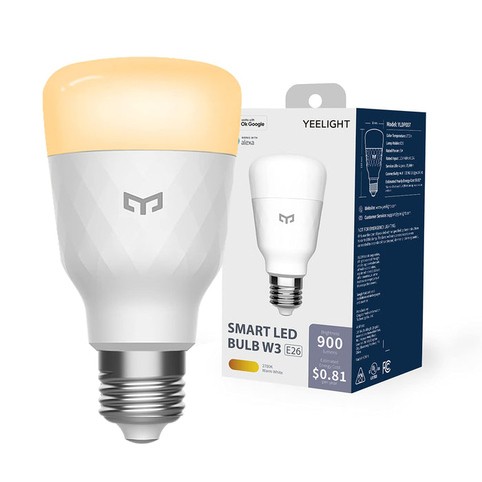 YEELIGHT Smart LED Bulb 60W Equivalent, LED Light Bulb WiFi Smart Bulbs, Dimmable Light Bulb 900LM, Work with Razer Chroma, Alexa and Google Home, A19 E26 Warm White 2700K Bulb, No Hub Required