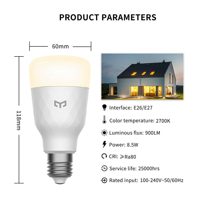 YEELIGHT Smart LED Bulb 60W Equivalent, LED Light Bulb WiFi Smart Bulbs, Dimmable Light Bulb 900LM, Work with Razer Chroma, Alexa and Google Home, A19 E26 Warm White 2700K Bulb, No Hub Required