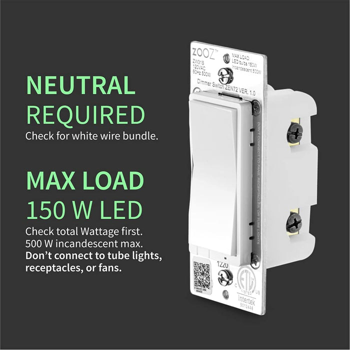 Zooz 800 Series Z-Wave Long Range Dimmer Switch ZEN72 800LR, White | Direct 3-Way (No Add-On Switch Needed) | Z-Wave Hub Required