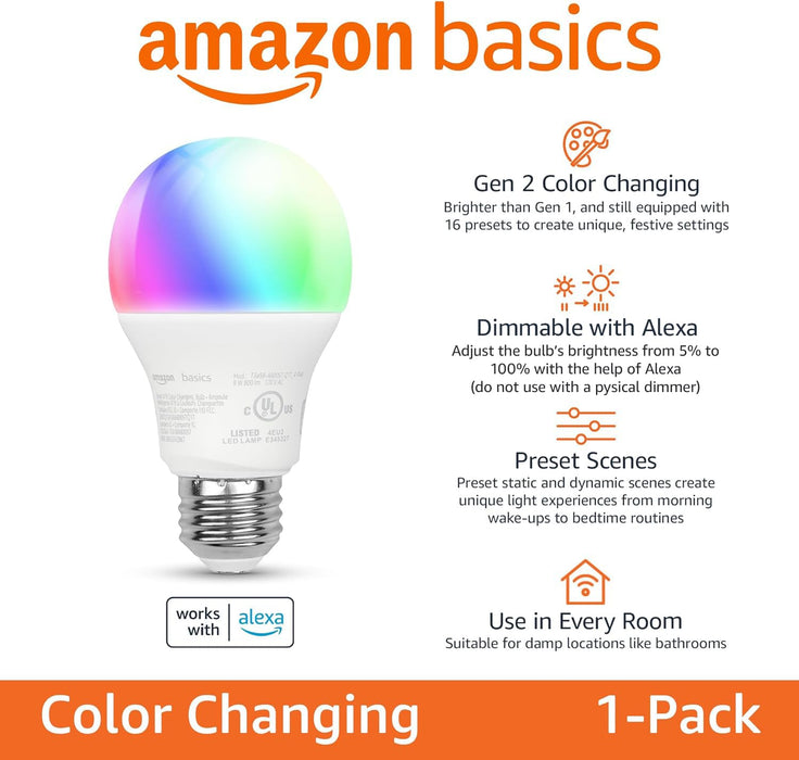 Amazon Basics - Smart A19 LED Light Bulb, 2.4 GHz Wi-Fi, 9W (Equivalent to 60W) 800LM, Works and Dims with Alexa Only, 1-Pack, Multicolor