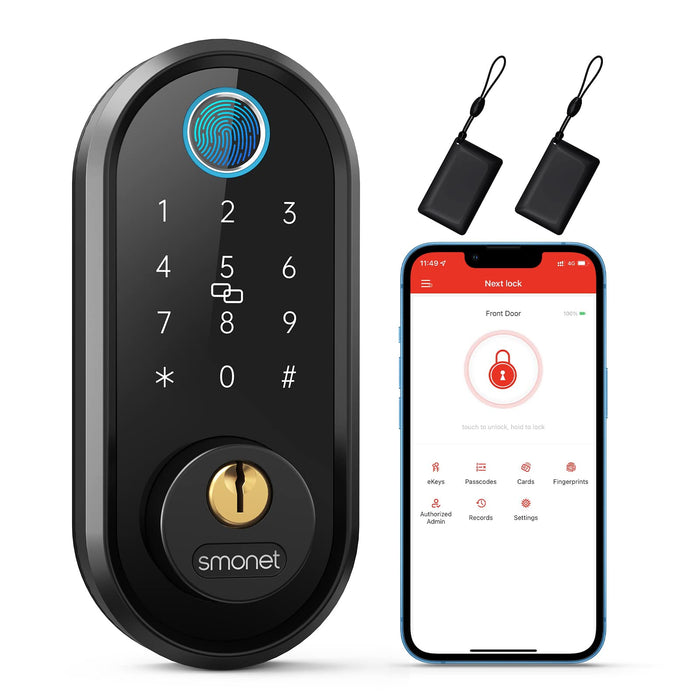 Smart Lock, Keyless Entry Door Lock for Front Door, SMONET Electronic Bluetooth Deadbolt with Biometric Fingerprint, Keys, Fobs, Auto Lock, Smart Phone Control for Home,Apartment