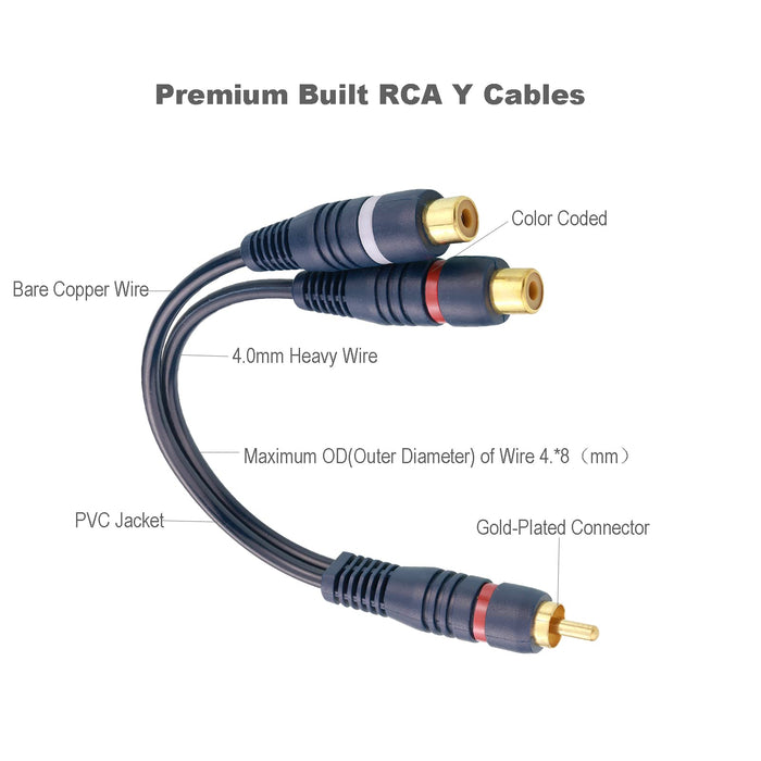 Borsuer RCA Splitter, 2 Pcs RCA 1 Male to 2 Female Audio Cord Speaker Y Adapter Splitter Cable, 8.5 Inches Gold Plated Dual RCA Female Adapter for Subwoofer, Home Theater