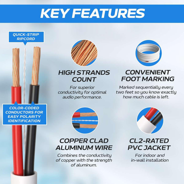 500ft 16AWG 4 Conductors (16/4) CL2 Rated Loud Speaker Cable Wire, Pull Box (For In-Wall Installation) (16AWG / 4 Conductors, 500ft)