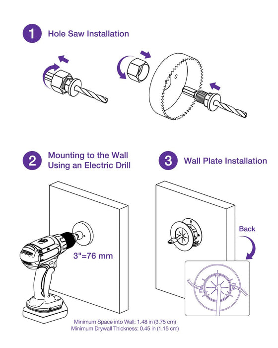 VCELINK in Wall Cable Management Kit Easy Install, Cable Pass Through Wall Plate, Wall Cable Hider, TV Wire Hiding Kit Hides Wires Behind The Wall with A3 Steel Hole Saw Drill Attachment, 2 Pack