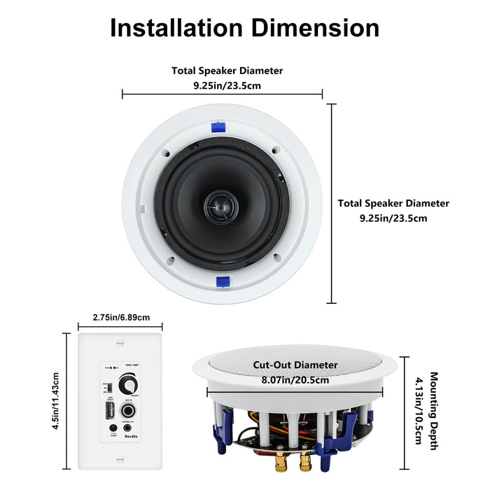 Herdio 6.5 Inch Bluetooth Ceiling Speakers, Home Audio Package in Wall Bluetooth Amplifier Volume Control Receiver Wall Plate with 640W Ceiling Speakers (2 Pairs, White)