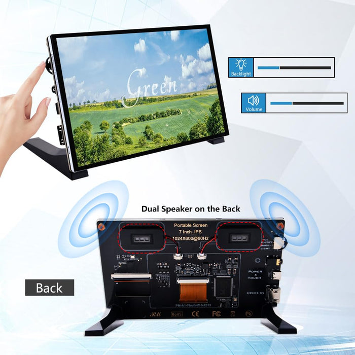 GeeekPi 7 Inch Capacitive Touchscreen for Raspberry Pi, 1024x600 IPS LCD Display with Dual-Speaker, HDMI Portable Monitor for Raspberry Pi 5/Pi 4B/3B+/3B/B+/Zero/400, Win11/10/8/7