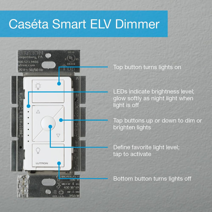 Lutron Caseta Smart Lighting Original Dimmer Switch ELV+ for Light Bulbs, , Works w/ Alexa, Apple Homekit, Google Home (Hub Required), 250W LED Single-Pole/3-Way, Neutral Required, PD-5NE-WH, White