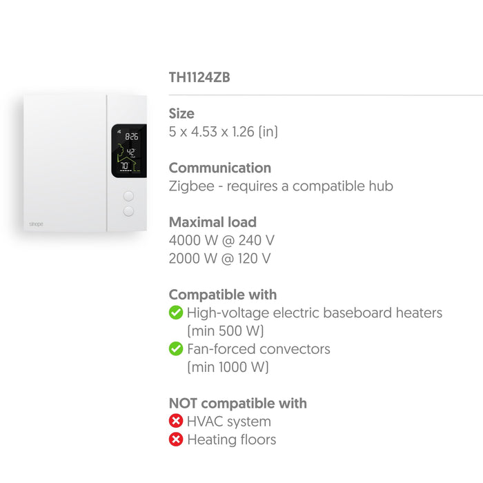 Sinopé Smart ZigBee Thermostat for Electric Baseboard Heating TH1124ZB (Compatible with Alexa) 4000 W / 240 V - Compatible Hub Required