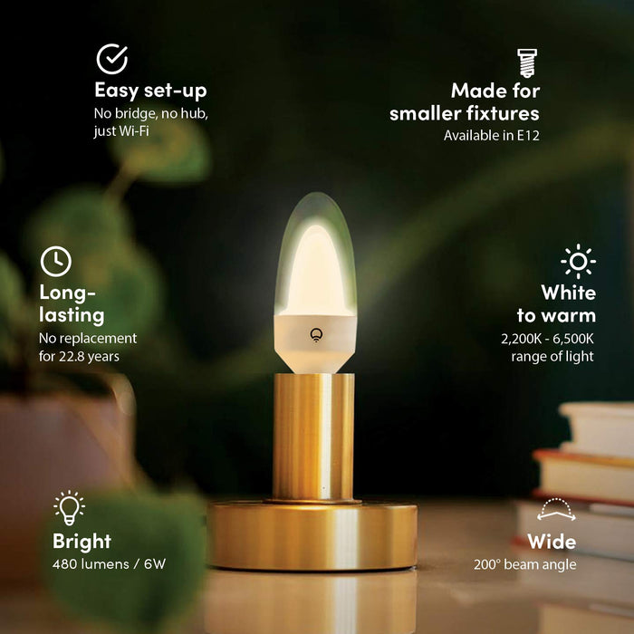 LIFX Candle White to Warm E12, 480 lumens, Wi-Fi Double-Diffuser Smart LED Light Bulb, Tunable White, Dimmable, No Bridge Required, Compatible with Alexa, Hey Google, Apple HomeKit.