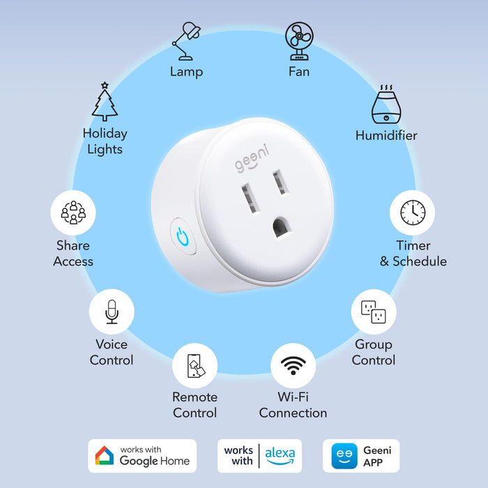 Geeni Dot Smart Wi-Fi Outlet – 2 Pack, Compact Design, Control Appliances with Alexa, Google Assistant, and The Geeni App, Energy Monitoring, Voice Control, 2.4GHz, White