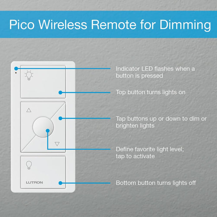 Lutron Caseta Smart Lighting Pico Remote, For Wireless Light Bulbs and Lamps, Works w/ Alexa, Apple Homekit, Google Home (Hub Required), 3-Way, Batteries Included, PJ2-3BRL-WH-L01R, White