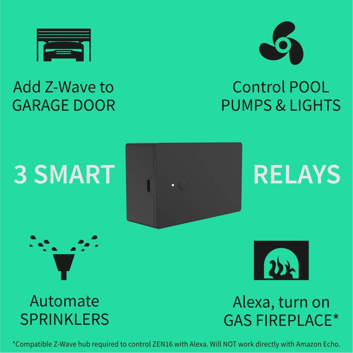 Zooz Z-Wave Long Range MultiRelay ZEN16 800LR for Garage Doors, Sprinklers, Gas Fireplace; 3 Dry Contact Relays (15A, 15A, 20A); 12-24 V AC/DC or USB C Power; Signal Repeater; Hub Required