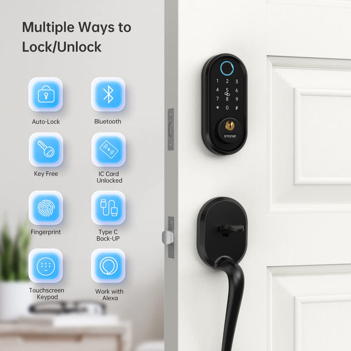 Smart Lock, Keyless Entry Door Lock for Front Door, SMONET Electronic Bluetooth Deadbolt with Biometric Fingerprint, Keys, Fobs, Auto Lock, Smart Phone Control for Home,Apartment