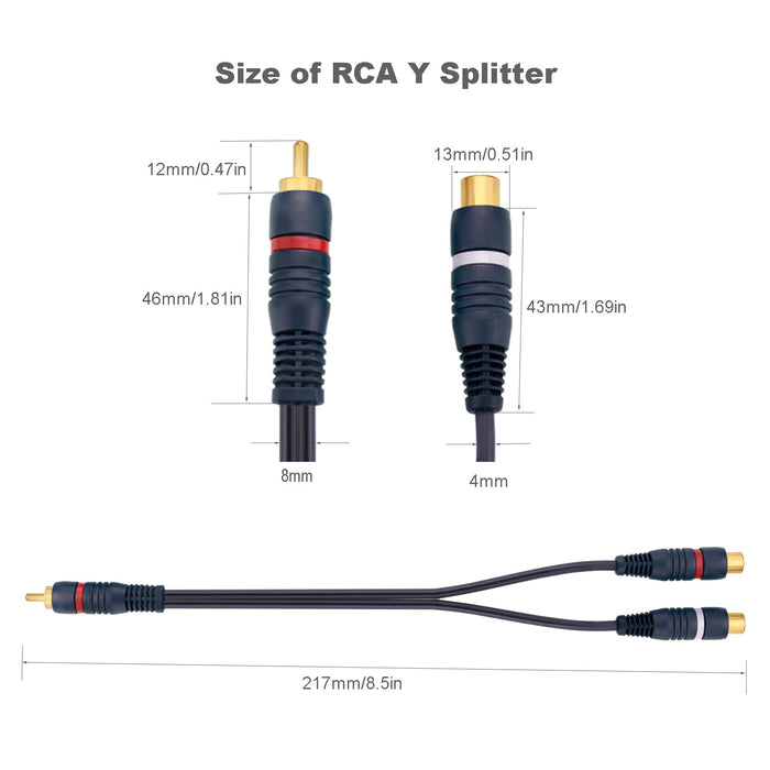 Borsuer RCA Splitter, 2 Pcs RCA 1 Male to 2 Female Audio Cord Speaker Y Adapter Splitter Cable, 8.5 Inches Gold Plated Dual RCA Female Adapter for Subwoofer, Home Theater