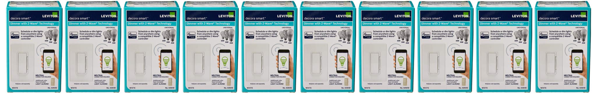 Leviton DZ6HD-1BZ Decora Smart 600W Dimmer with Z-Wave Technology (10 Pack), White/Light Almond