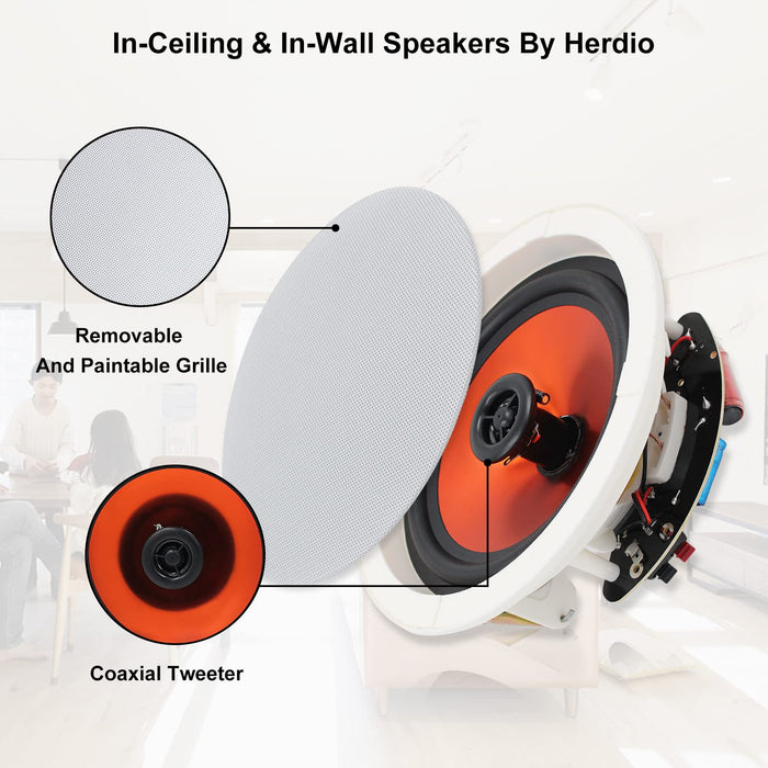 Herdio 6.5'' Bluetooth in Ceiling in Wall Speakers 600W 2-Way Flush Mount Speakers System with Wall Amplifier Receiver for Home Theater Office Bathroom(2Pairs, Paintable-Grille)