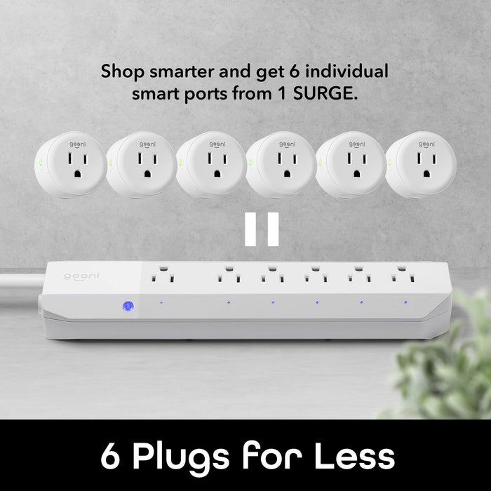 Geeni Smart Surge Protector 6-Outlet Power Strip – Wi-Fi Enabled with Voice Control (Alexa, Google Assistant), Energy Monitoring, Surge Protection, 3ft Extension Cord, Remote Access