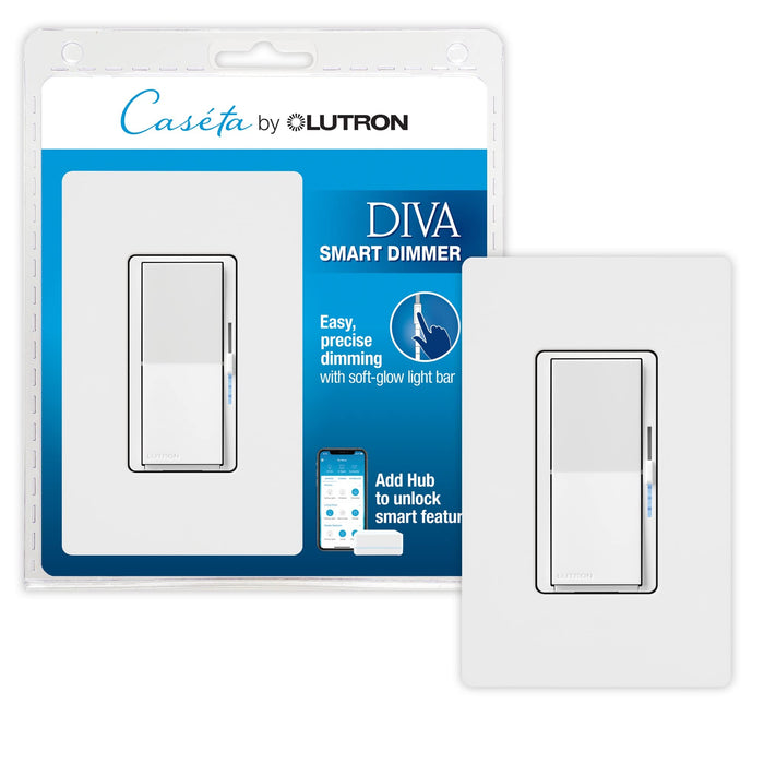 Lutron Caseta Smart Lighting Diva Smart Dimmer Switch w/Wall Plate for LED Bulbs, Works w/Alexa, Apple Homekit, Google Home (Hub Required), 150W, No Neutral Required, DVRFW-6L-WH-A, White