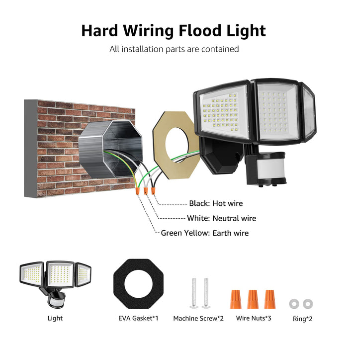 Lepro Motion Sensor Light Outdoor, 27W 3200LM LED Flood Light, 3 Heads Hard Wired IP65 Waterproof Security Light for Garage, Yard, Garden, Black