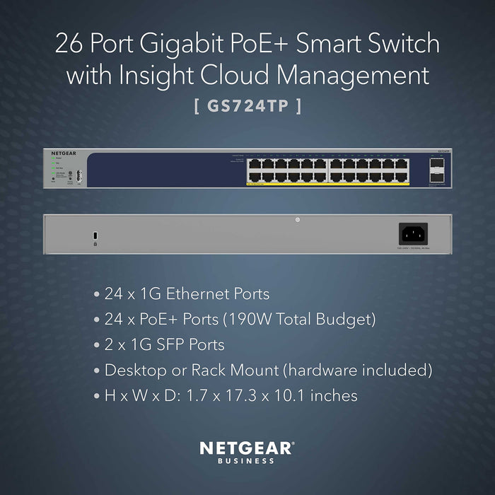 NETGEAR 26-Port PoE Gigabit Ethernet Smart Switch (GS724TP) - Managed, 24 x 1G, 24 x PoE+ @ 190W, 2 x 1G SFP, Optional Insight Cloud Management, Desktop or Rackmount, and Limited Lifetime Protection