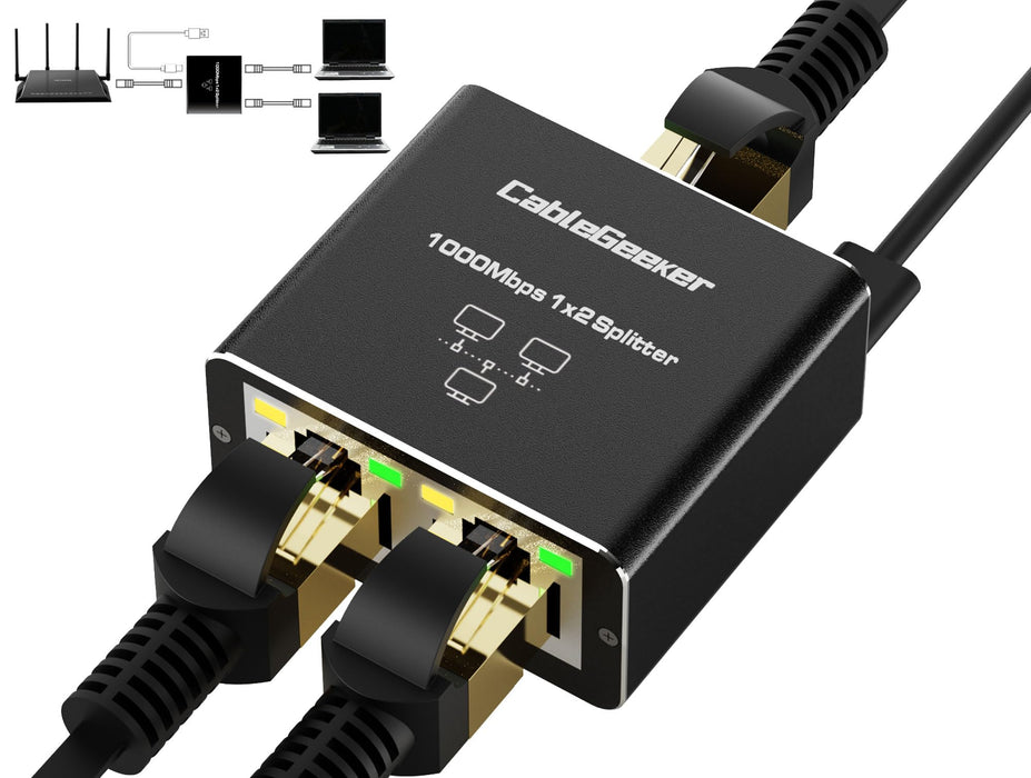 CableGeeker Ethernet Splitter 1 to 2 High Speed 1000Mbps, Gigabit RJ45 Internet Splitter with USB Power Cable, Network LAN Adapter for Cat 5/6/7/8 Cable [2 Devices Simultaneous Networking]