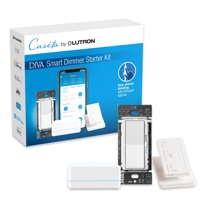 Lutron Diva Smart Dimmer Switch Starter Kit for Caséta Smart Lighting, with Smart Hub, Pico Remote, and Pedestal | DVRF-BDG-1DP-A