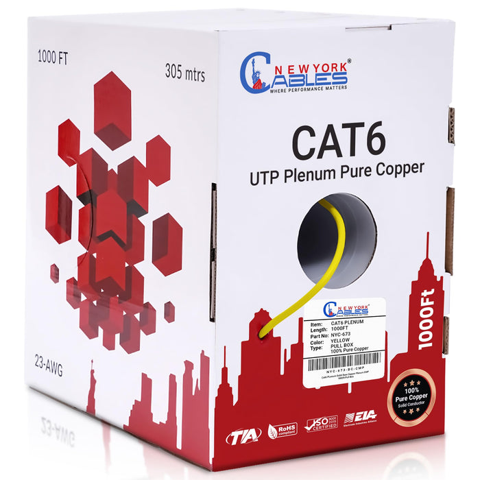 CAT6 Plenum (CMP) 1000ft Bulk Ethernet Cable | Certified 100% Pure Solid Bare Copper | 550MHz, 23AWG, UTP | Blue, White, Green, Red & Yellow | | High Bandwidth & Stable Performance (Yellow)