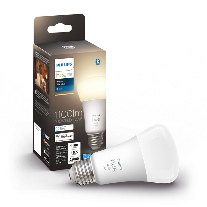 Philips Hue White 10.5W Equivalent 75W A19 Base E26 LED Smart Bulb, Dimmable, Bluetooth & Zigbee Compatible, Voice Activated with Alexa & Google Assistant