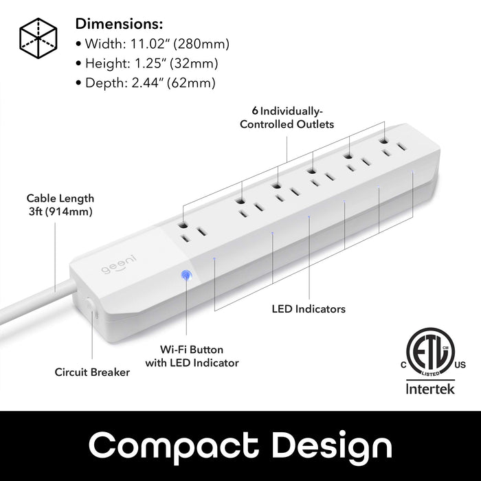 Geeni Smart Surge Protector 6-Outlet Power Strip – Wi-Fi Enabled with Voice Control (Alexa, Google Assistant), Energy Monitoring, Surge Protection, 3ft Extension Cord, Remote Access