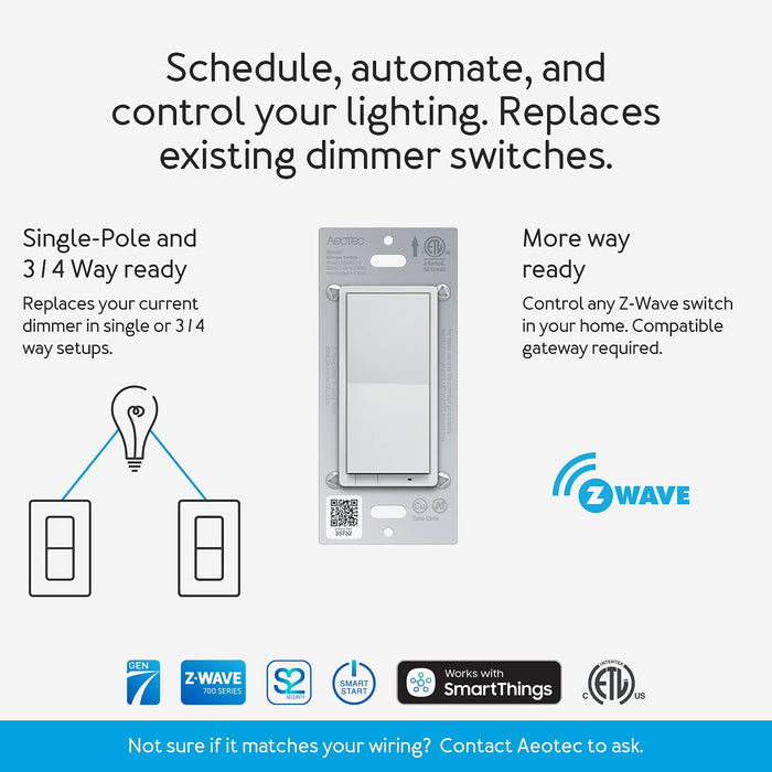 Zwave Light dimmer Switch: Aeotec Wall Dimmer Switch, 3 Way, Repeater, On Off Dim, SmartThings Switch, Z-Wave Plus, Gen7, illumino, ZWave hub Required