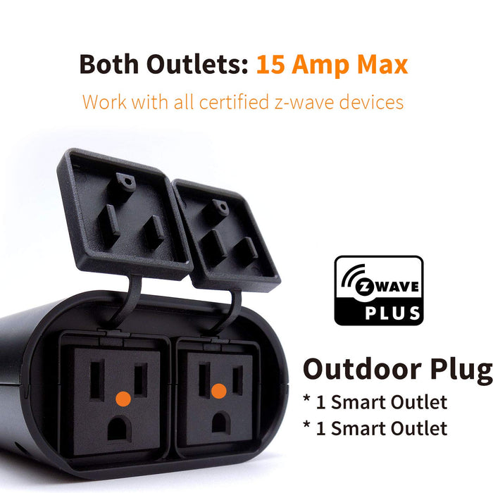 Z-Wave Dual Smart Outlet, Outdoor Zwave Smart Plug, Waterproof Dual On/Off Socket, Z Wave Hub Required, Built-in Repeater, Compatible with SmartThings, Wink, Alexa, Google Assistant