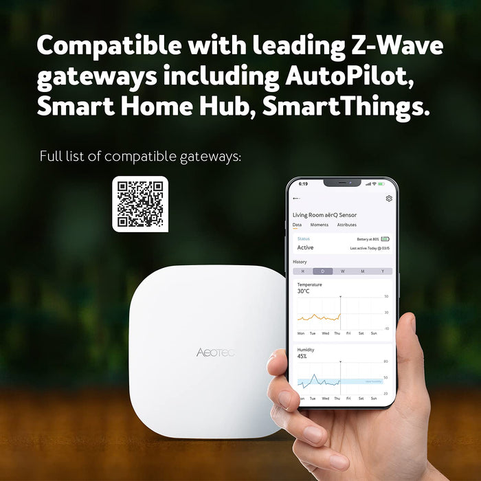 Z-Wave Temperature, Humidity, Dew Point Sensor: Aeotec aërQ, Wireless, Battery Powered, SmartThings Sensor, Z-Wave Plus, Z-Wave hub Required