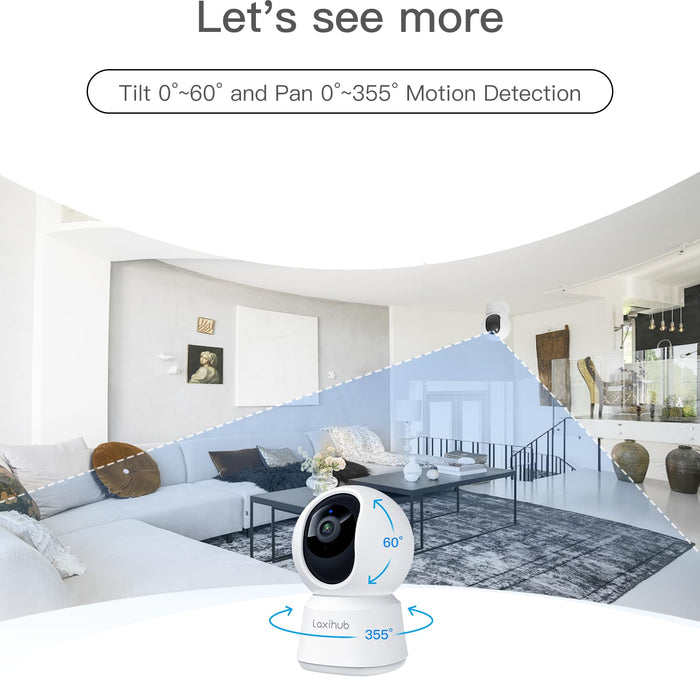 360° View 2K Pet Camera with Phone App, Indoor Security Camera, P2T Baby Monitor, Pan/Tilt, Motion & Sound Detection, Night Vision,Two-Way Audio, Works with Alexa