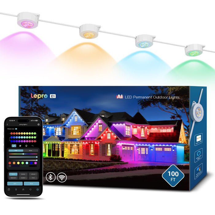 Lepro E1 AI Permanent Outdoor Lights APP Control, 100ft RGB+IC Smart Christmas Lights with 60 Warm/Cool White LED, Alexa Google Enabled Eaves Lights, AI Generated Lighting LLM, NO Remote, 2.4 GHz WiFi