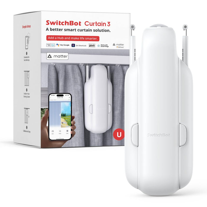 SwitchBot Smart Automatic Curtain Opener - Bluetooth Remote Control with App/Timer, Upgraded High-Performance Motor, Add SwitchBot Hub to Make it Work with Alexa, Google Home, HomeKit(Curtain 3,Rod)