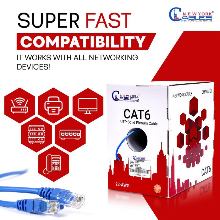 CAT6 Plenum (CMP) 1000ft Bulk Ethernet Cable | Certified 100% Pure Solid Bare Copper | 550MHz, 23AWG, UTP | Blue, White, Green, Red & Yellow High Bandwidth & Stable Performance - Blue