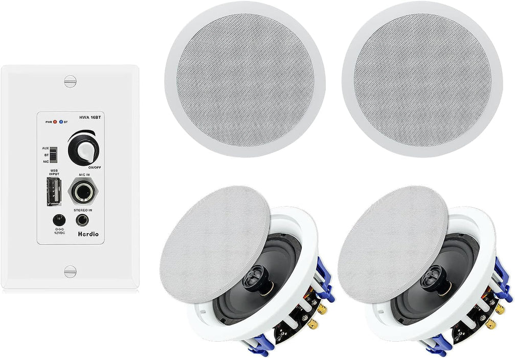 Herdio 6.5 Inch Bluetooth Ceiling Speakers, Home Audio Package in Wall Bluetooth Amplifier Volume Control Receiver Wall Plate with 640W Ceiling Speakers (2 Pairs, White)