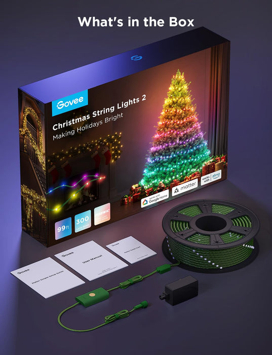 Govee Christmas Lights 2, 99FT 300LEDs RGBWIC Christmas Tree Lights with Shape Mapping Function, Smart Holiday String Lights for Christmas Decor, 130+ Preset Scenes, Voice and APP Control, Green Wire