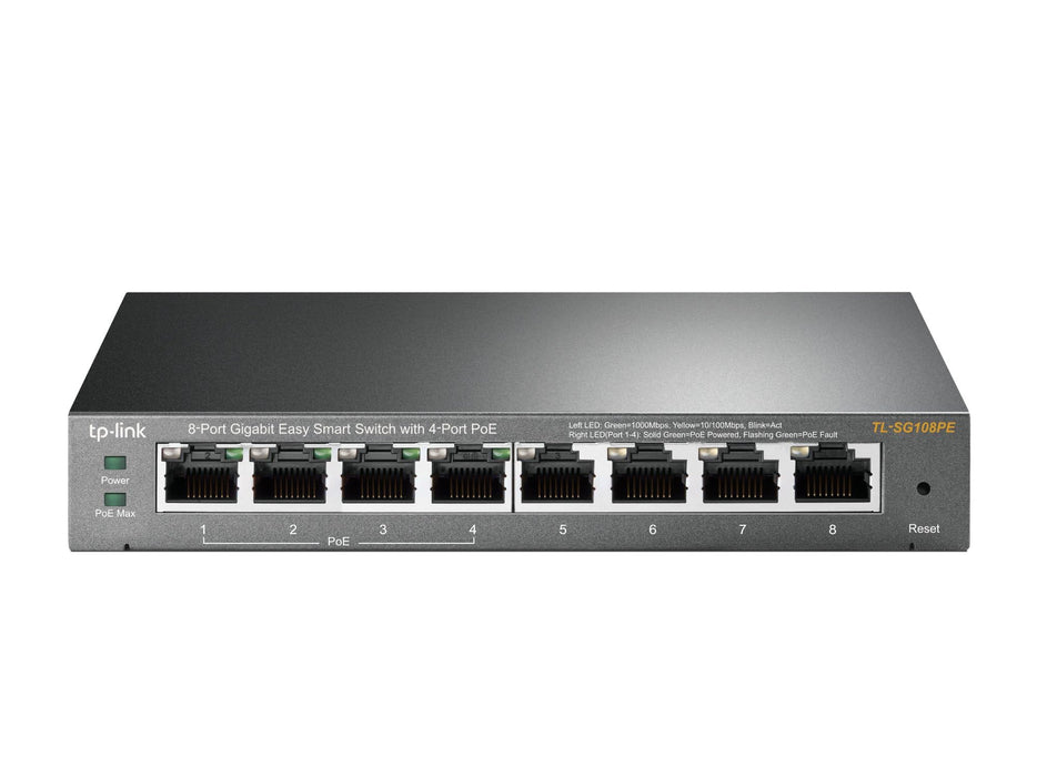 TP-Link 8 Port Gigabit PoE Switch, 4 PoE+ Port 64W, Easy Smart, Plug and Play, Limited Lifetime Protection, Sturdy Metal, Shielded Ports, Support QoS, Vlan, IGMP and Link Aggregation (TL-SG108PE)