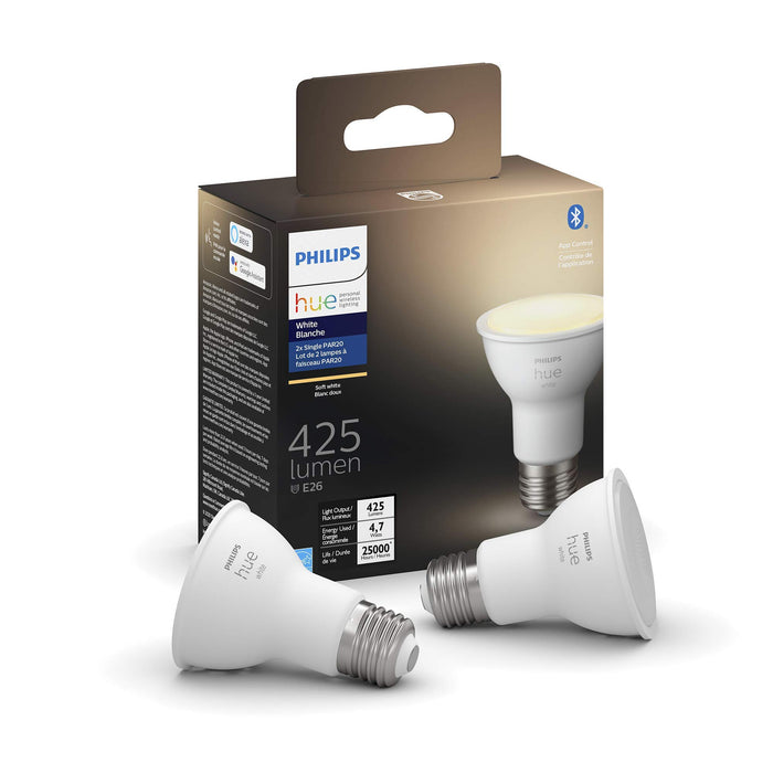 Philips Hue White 4.7W PAR20 Base E26 LED Smart Bulb, Dimmable, Bluetooth & Zigbee Compatible, Voice Activated with Alexa, 2-Pack